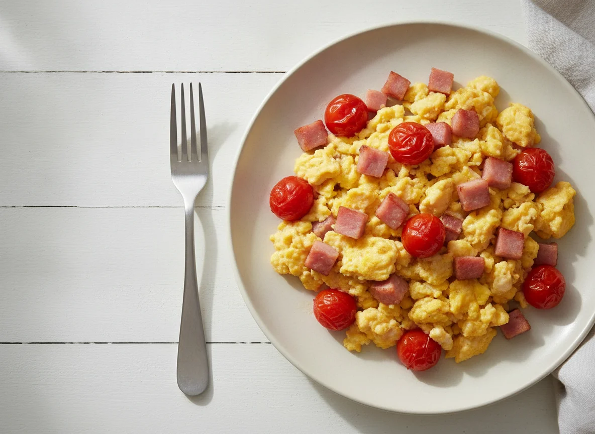 Ovos mexidos com fiambre e tomate cereja photo