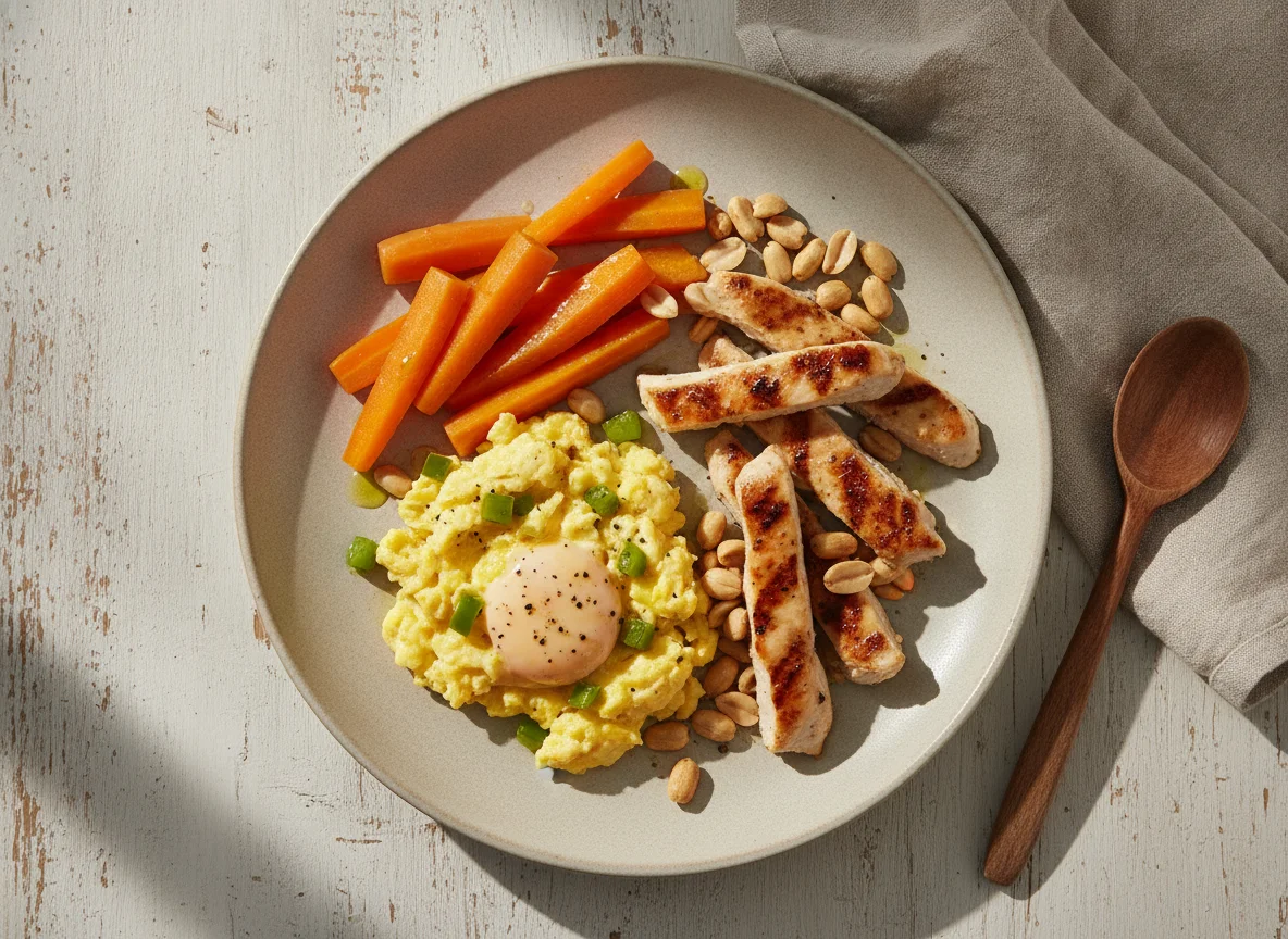 Ovos mexidos com frango grelhado, cenouras e amendoins photo