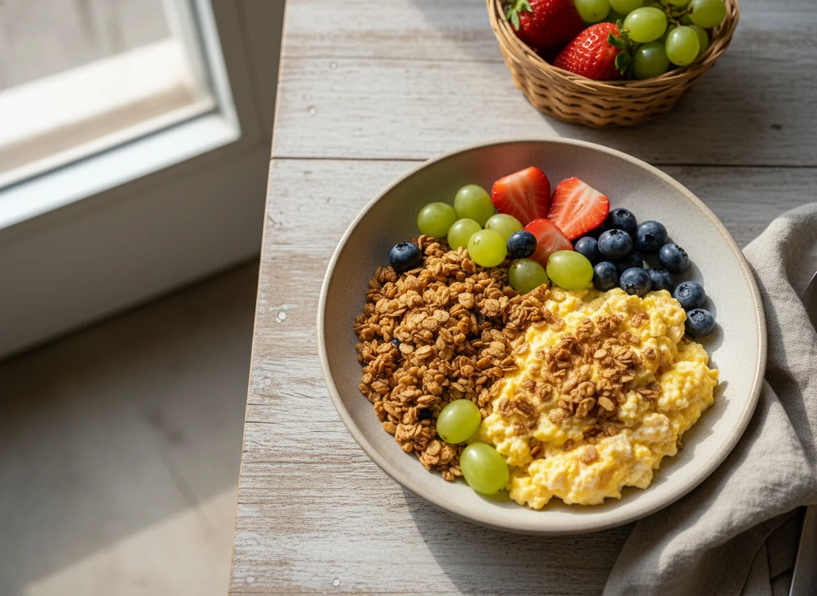 Ovos mexidos com frutas e granola photo