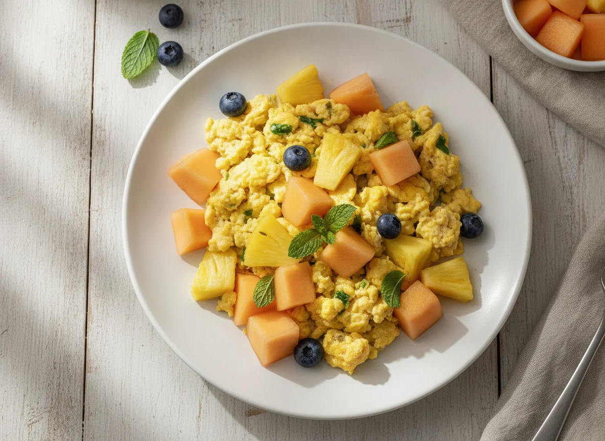 Ovos mexidos com frutas photo