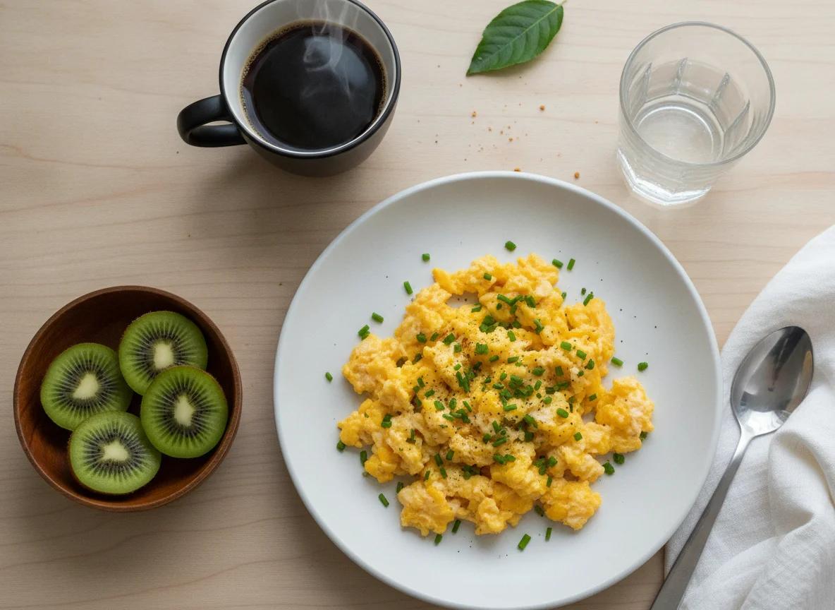 Ovos mexidos com kiwi, café e água photo