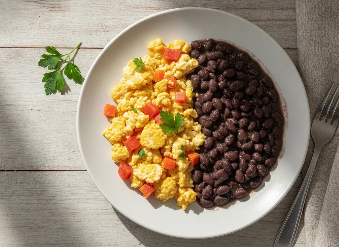 Ovos mexidos com legumes e feijão photo