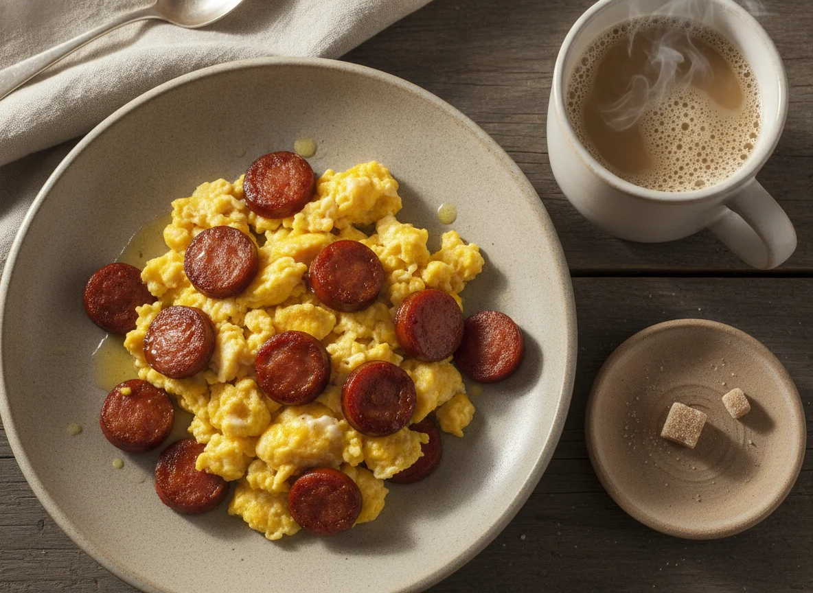 Ovos mexidos com linguiça e café com leite photo