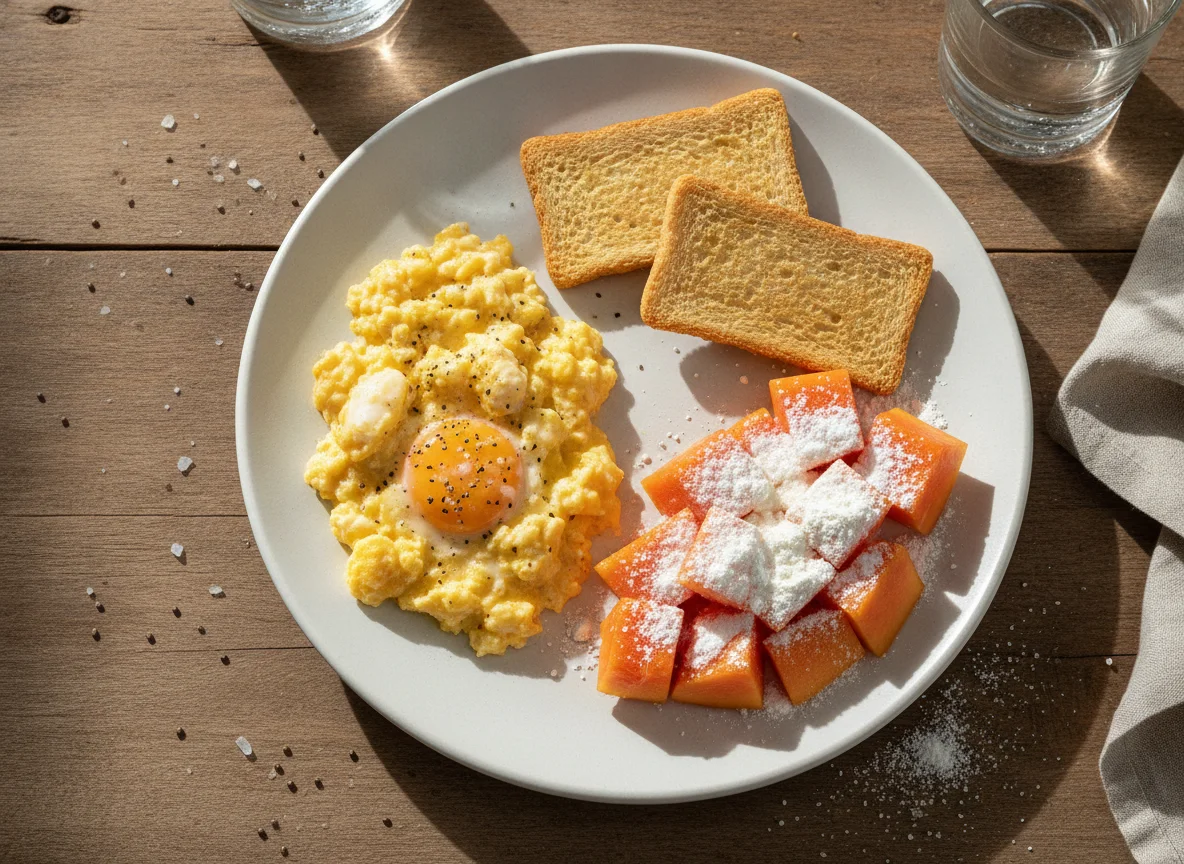 Ovos mexidos com Magic Toast e Mamão com Leite em Pó photo