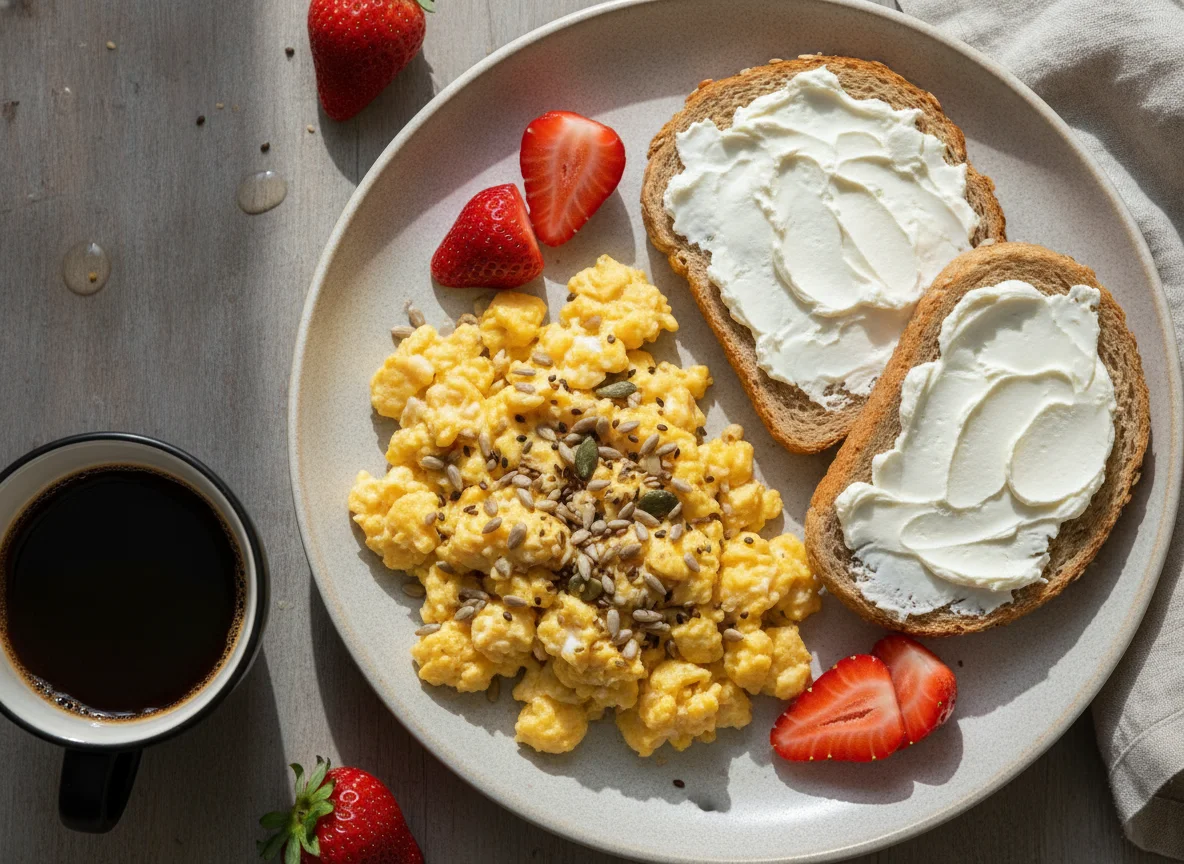 Ovos mexidos com mix de sementes, torrada e morangos photo
