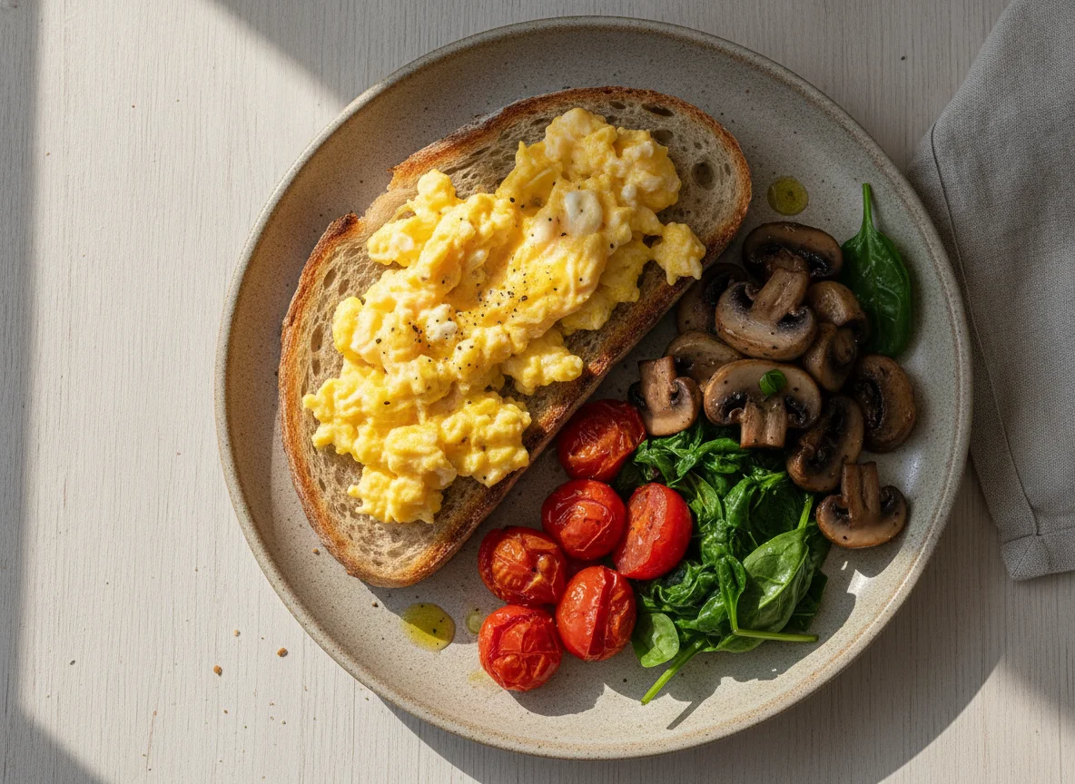 Ovos mexidos com pão de massa mãe, cogumelos e tomate photo