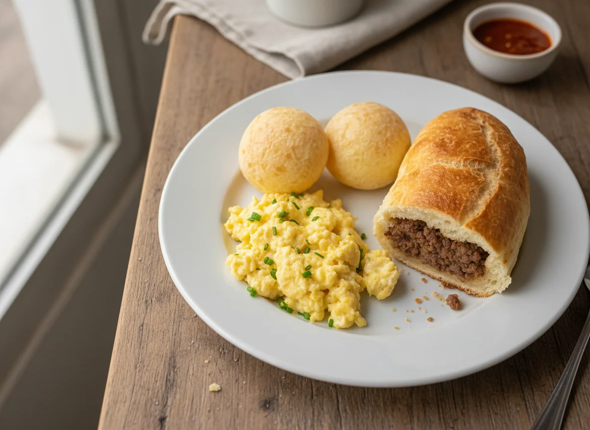 Ovos mexidos com pão de queijo e pão de carne photo