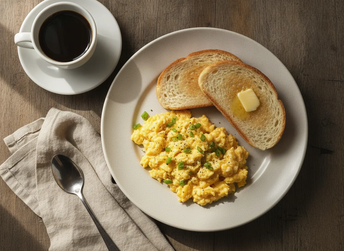 Ovos mexidos com pão e café photo