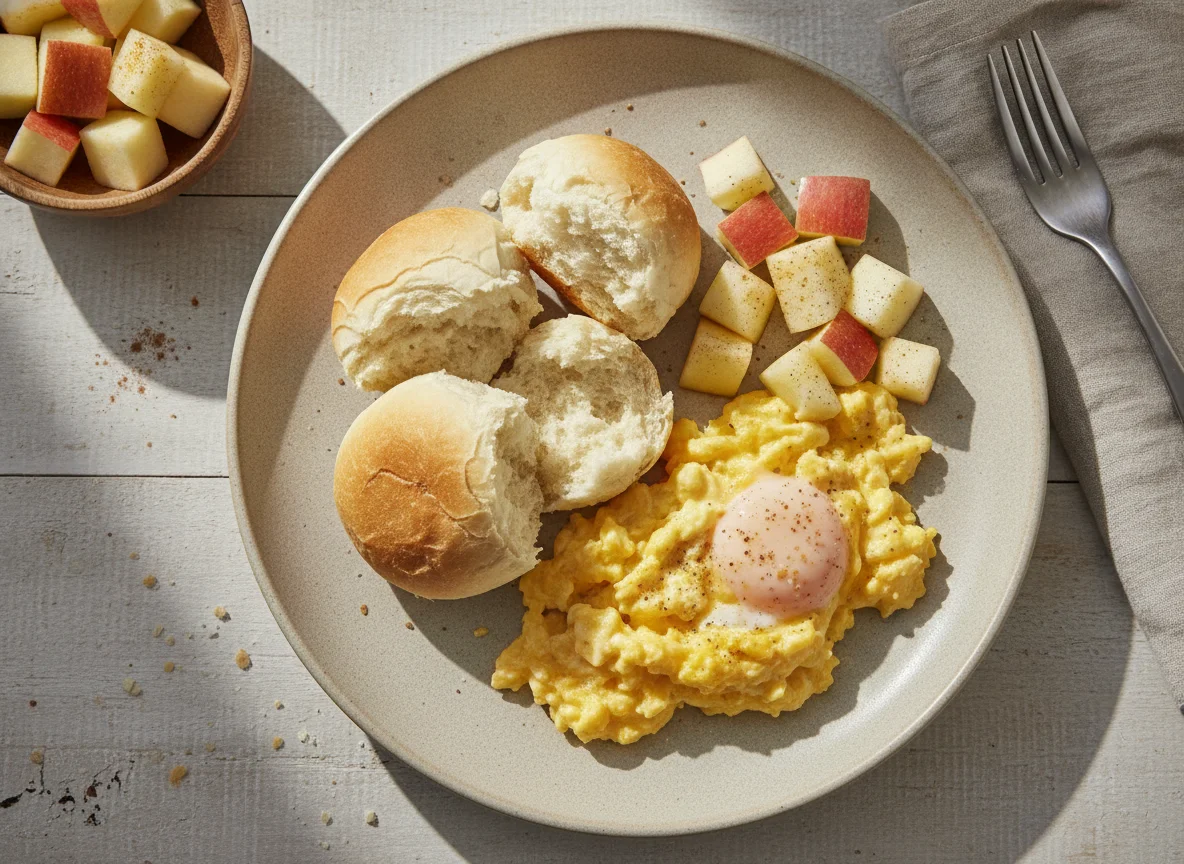 Ovos mexidos com pão e maçã photo