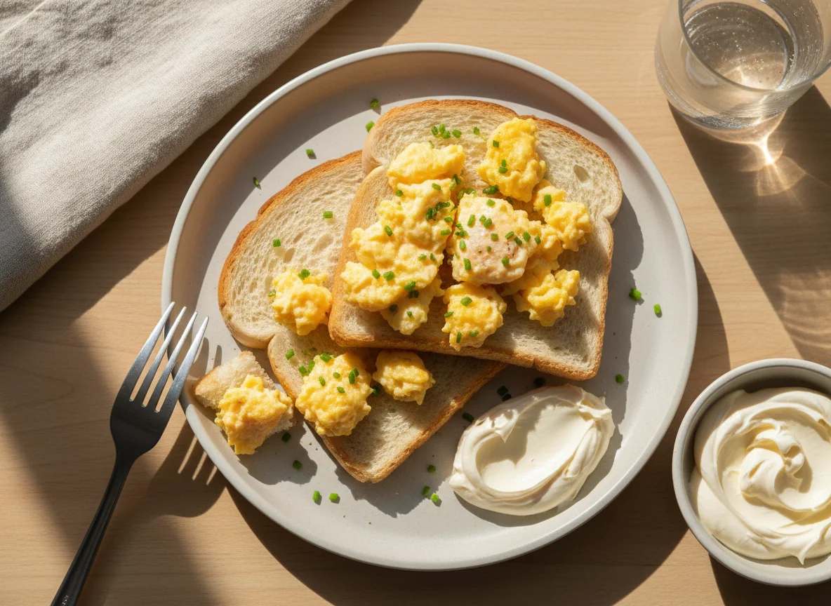Ovos mexidos com pão e requeijão photo