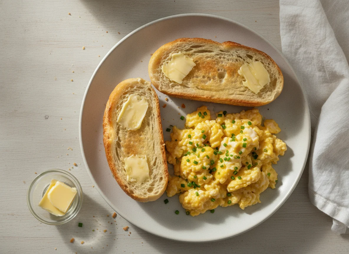 Ovos mexidos com pão francês e manteiga photo