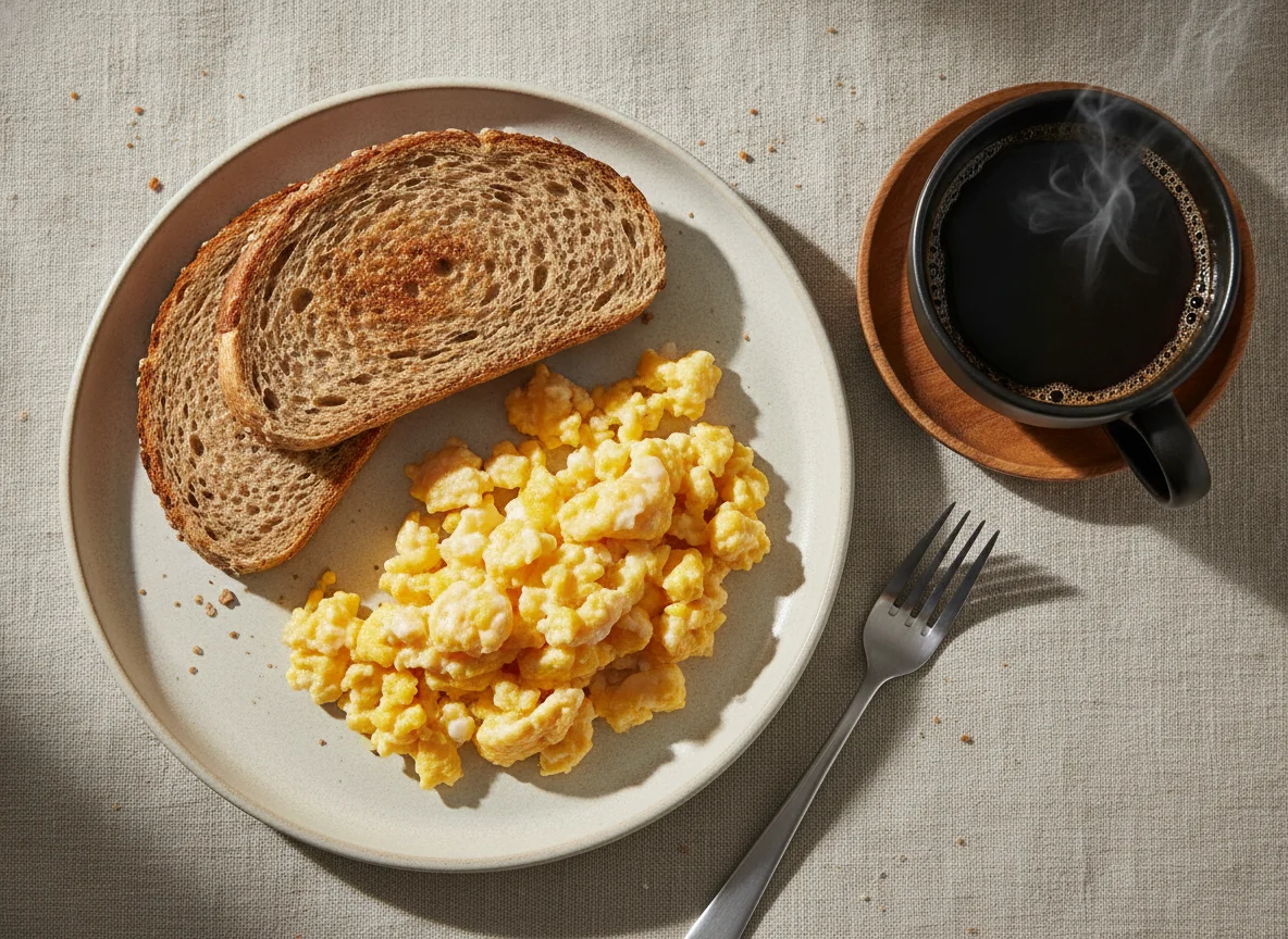 Ovos mexidos com pão integral e café photo
