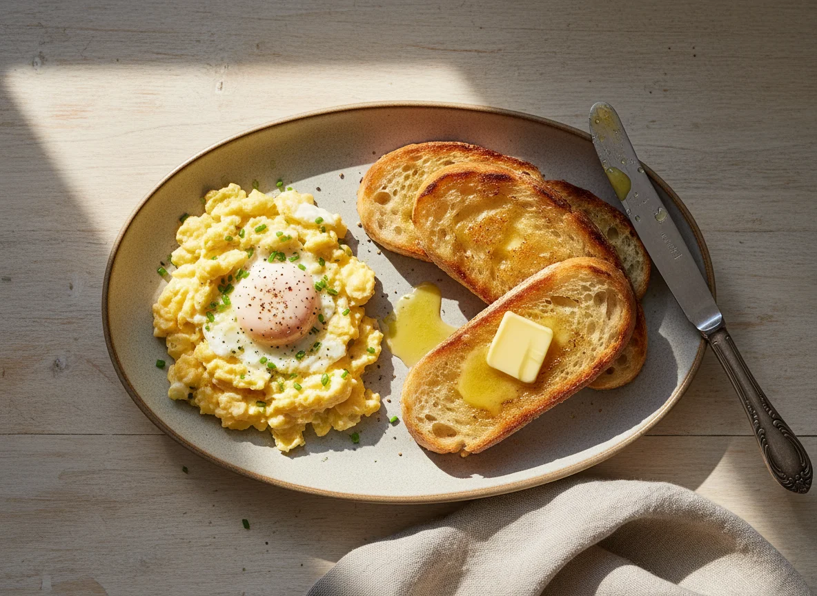Ovos mexidos com pão na chapa photo
