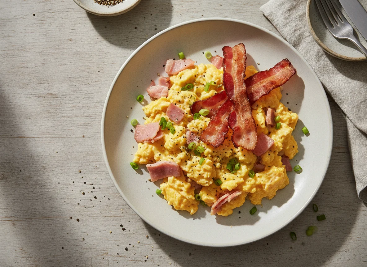 Ovos mexidos com presunto e bacon photo