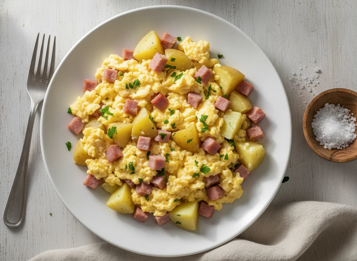 Ovos mexidos com presunto e batata photo