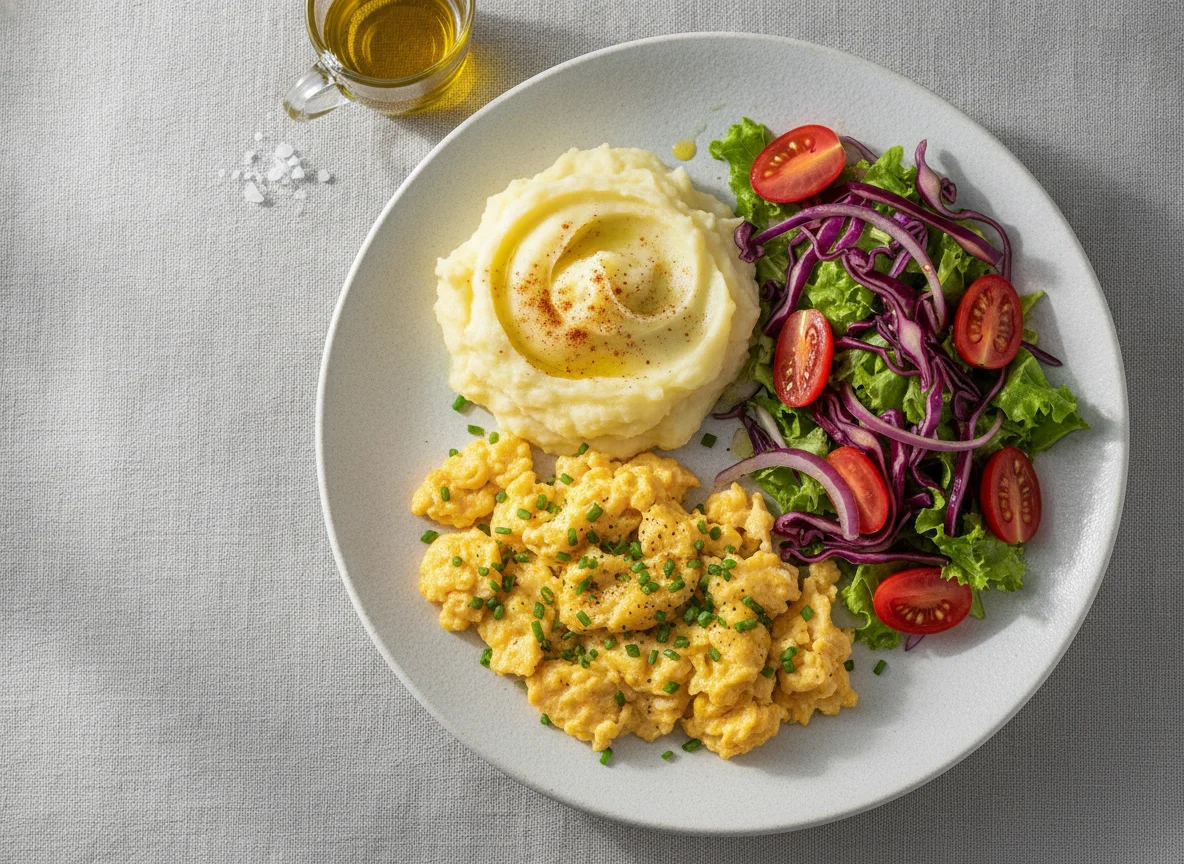 Ovos mexidos com purê de batata e salada photo