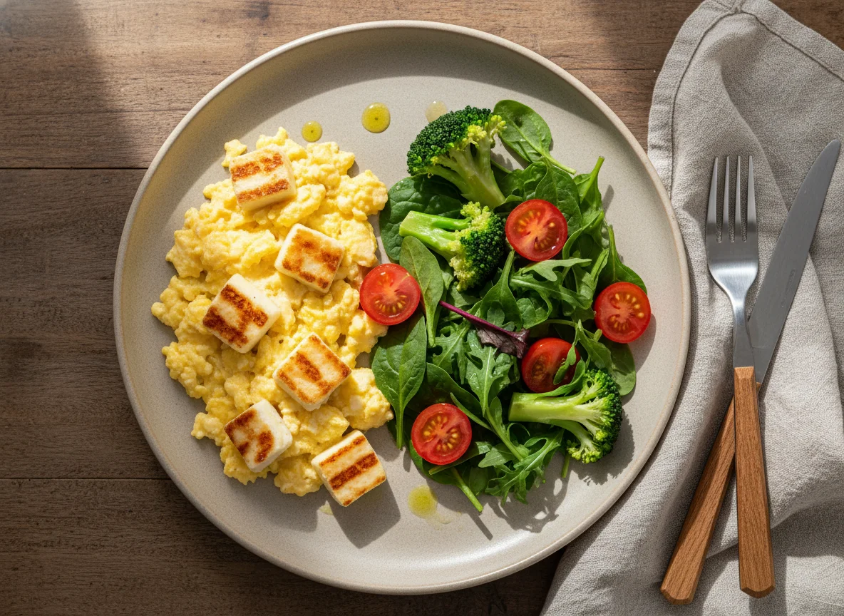 Ovos mexidos com queijo coalho e salada photo