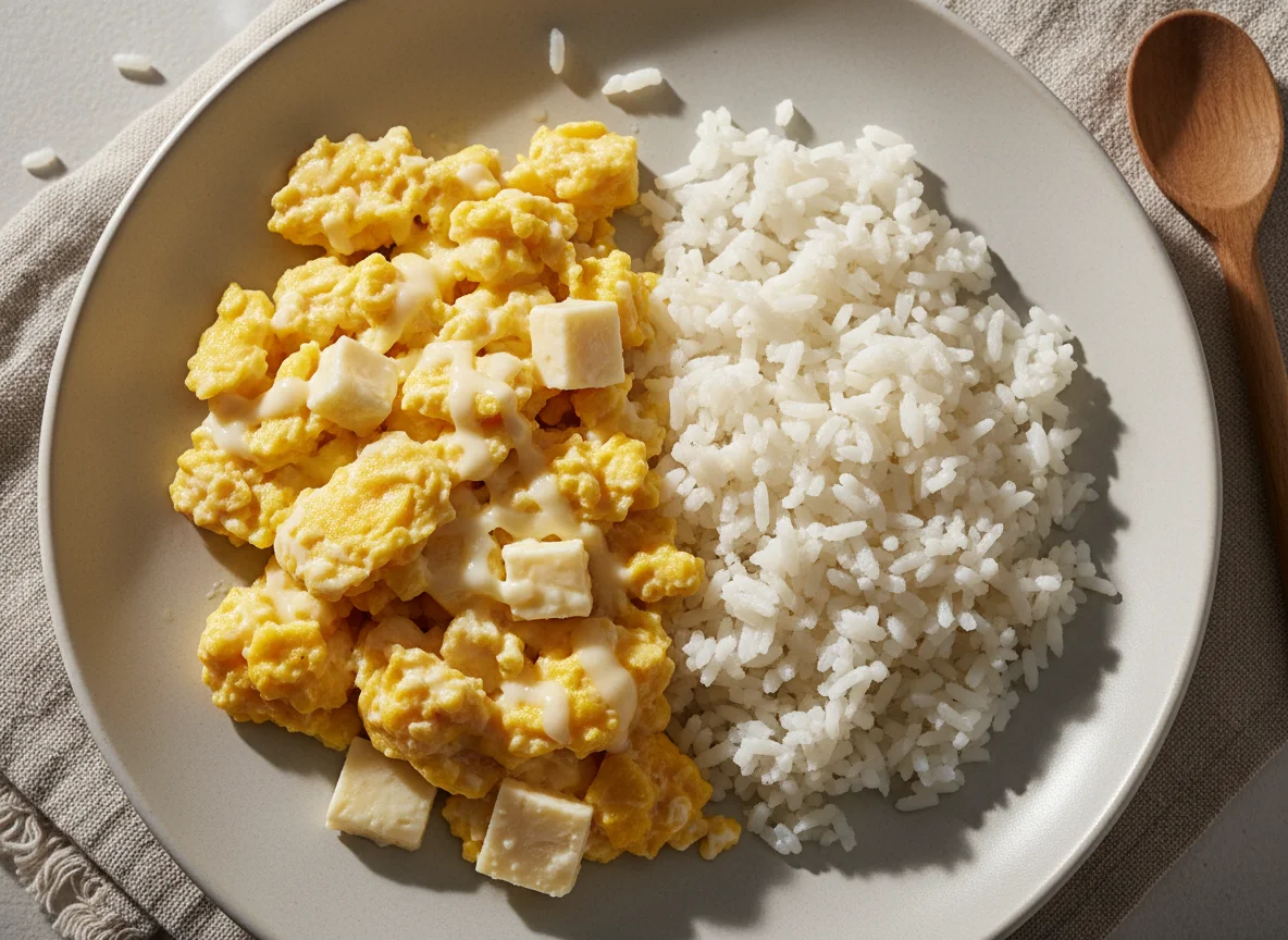 Ovos mexidos com queijo e arroz photo