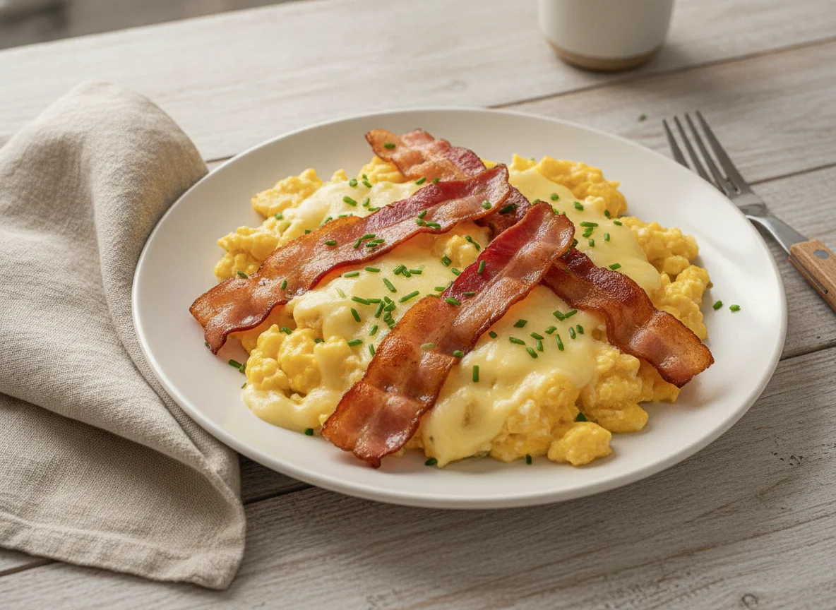 Ovos mexidos com queijo e bacon photo