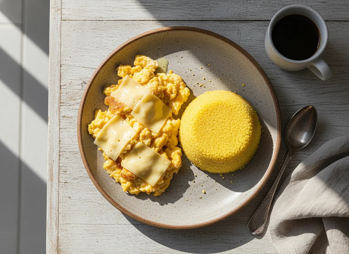 Ovos mexidos com queijo e cuscuz, com café photo