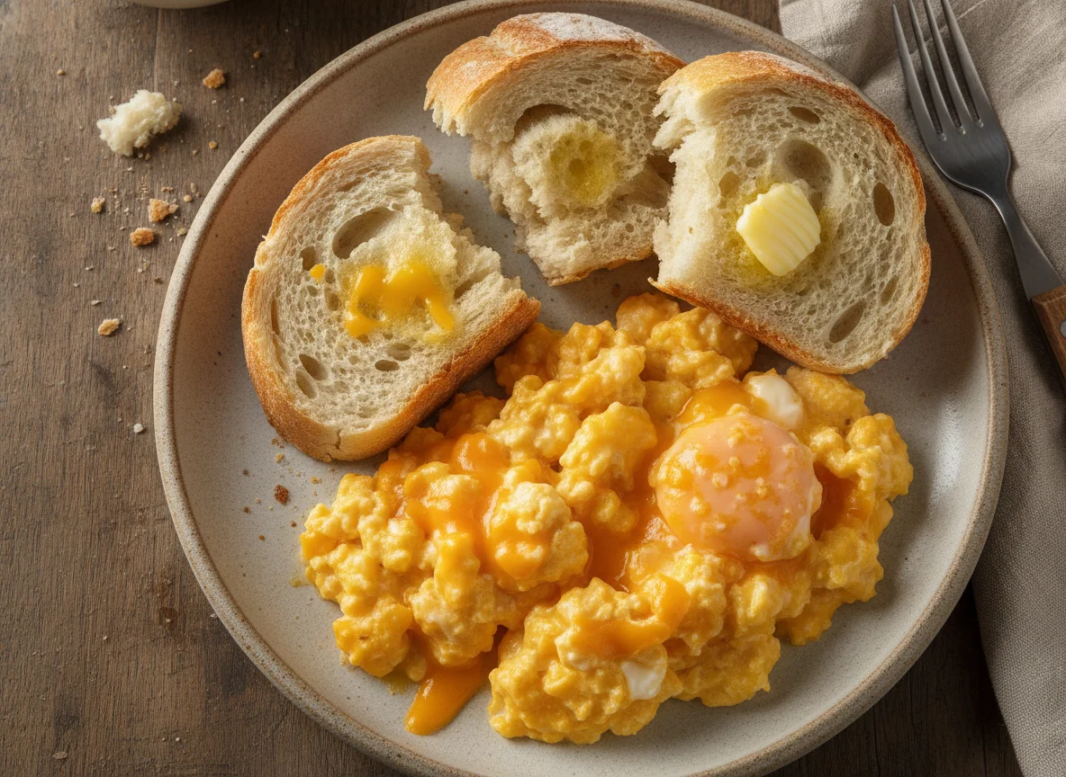 Ovos mexidos com queijo e pão photo
