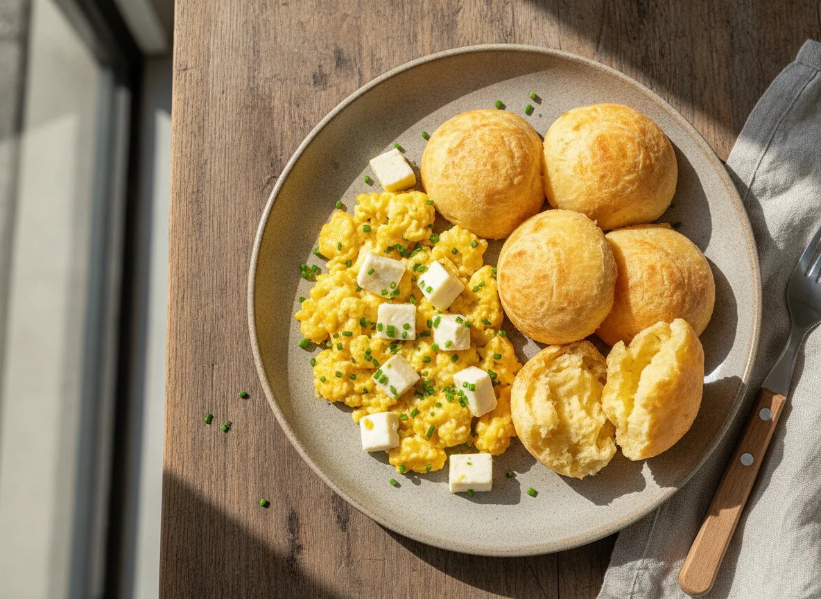 Ovos mexidos com queijo e pão de queijo photo