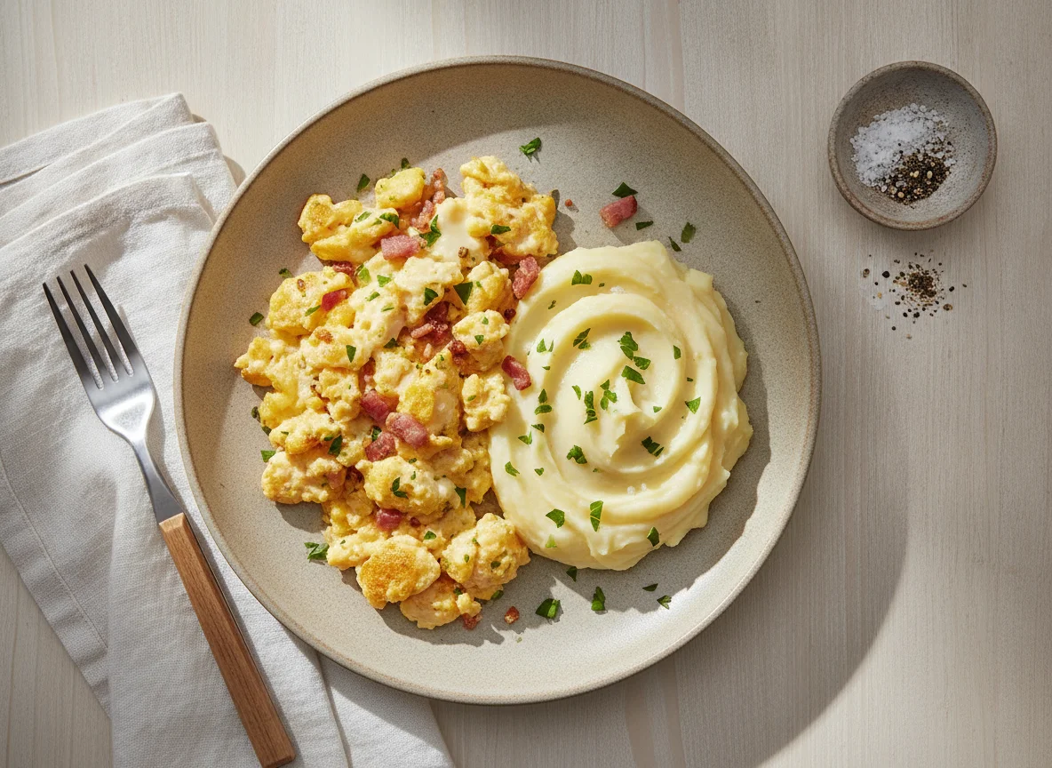 Ovos mexidos com queijo e purê de batata photo