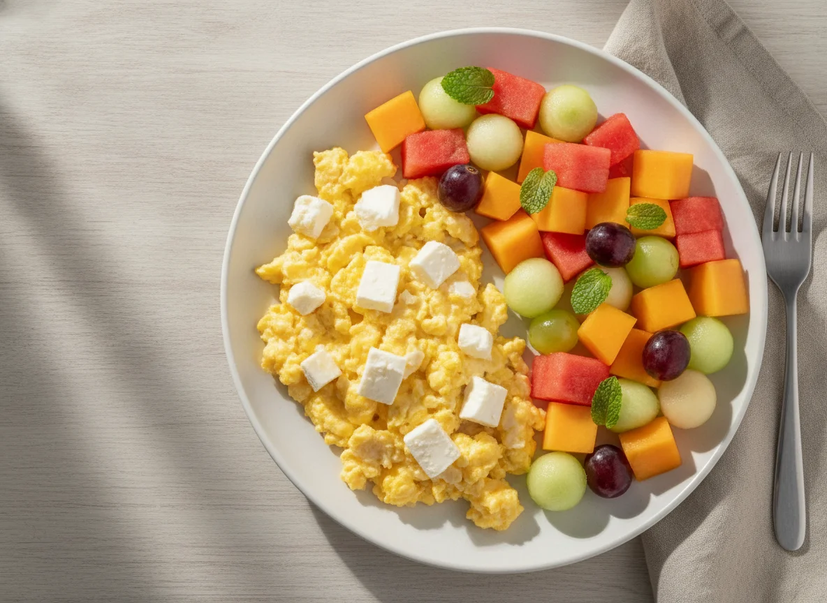 Ovos mexidos com queijo e salada de frutas photo