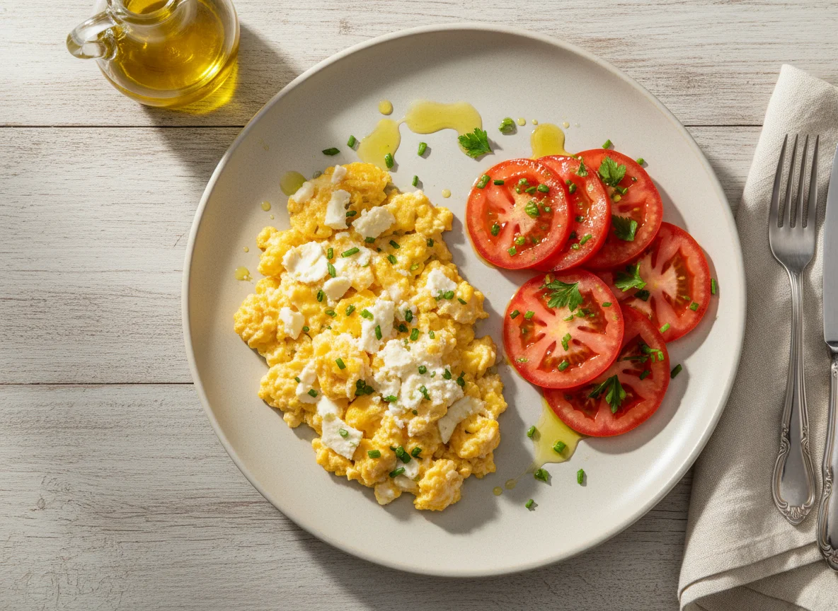 Ovos mexidos com queijo e salada de tomate com azeite photo