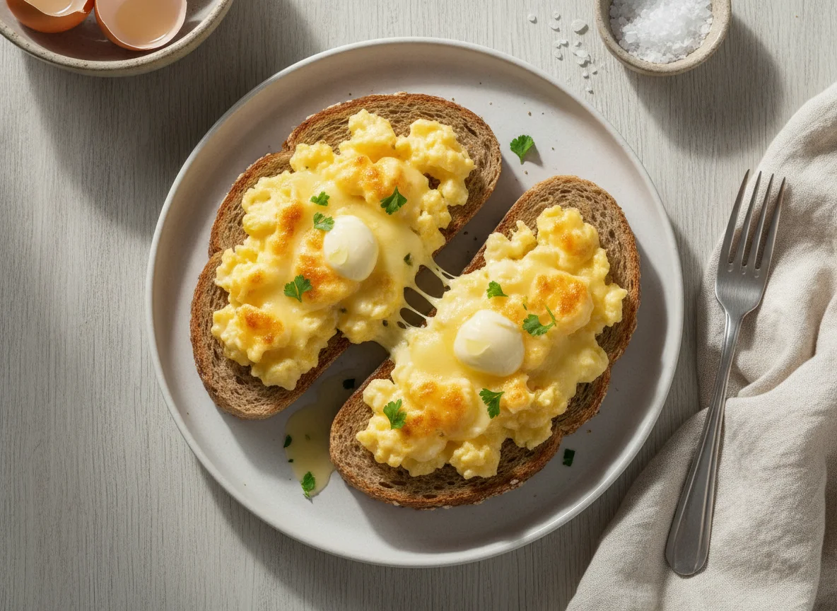 Ovos mexidos com queijo na torrada photo