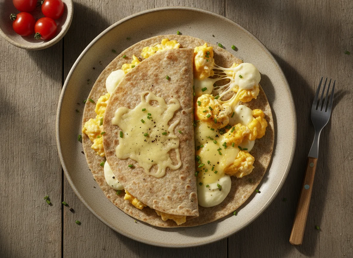 Ovos mexidos com queijo na tortilha integral photo