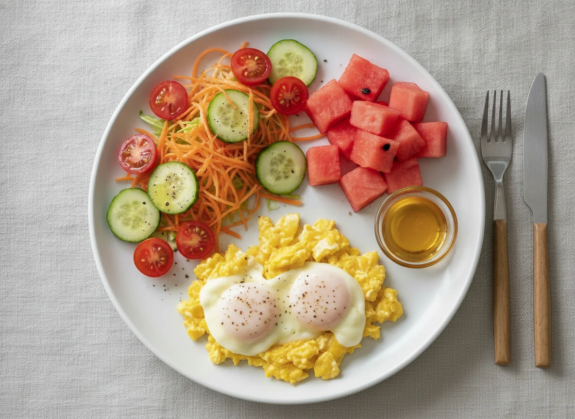 Ovos mexidos com queijo, salada e melancia photo