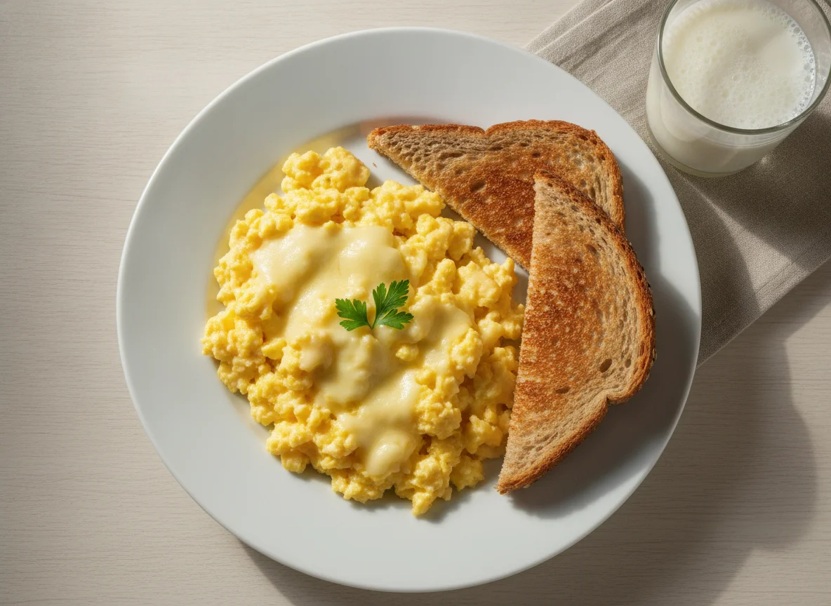 Ovos mexidos com queijo, torrada e leite photo