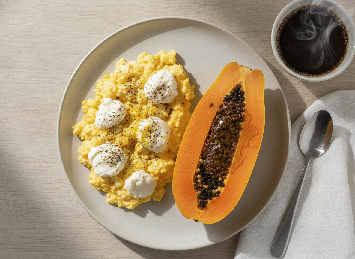 Ovos mexidos com requeijão light e mamão papaia com linhaça photo