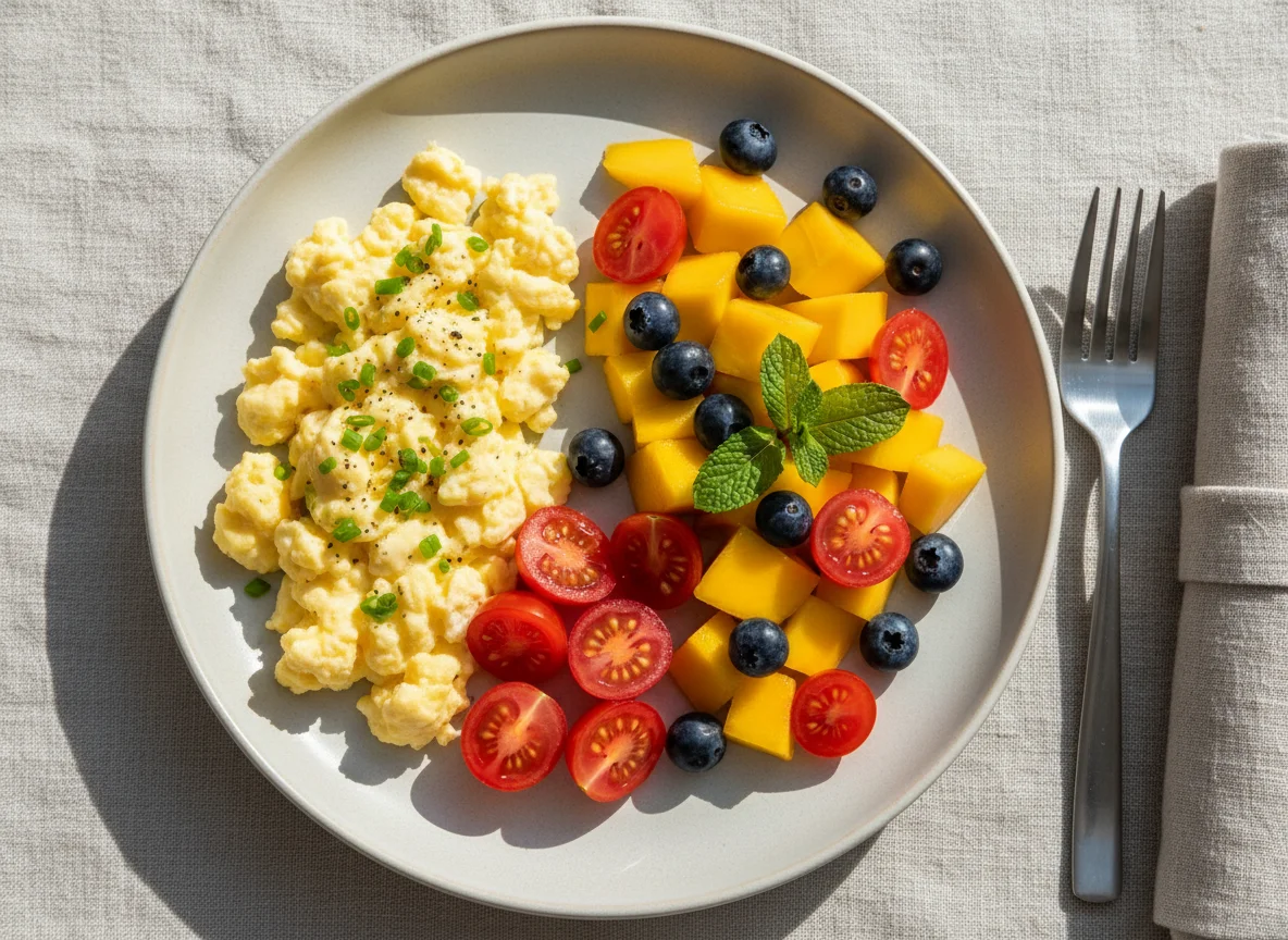 Ovos mexidos com salada de frutas photo