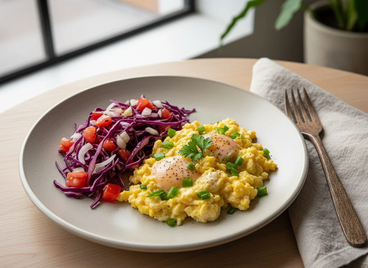 Ovos mexidos com salada de repolho roxo e tomate photo