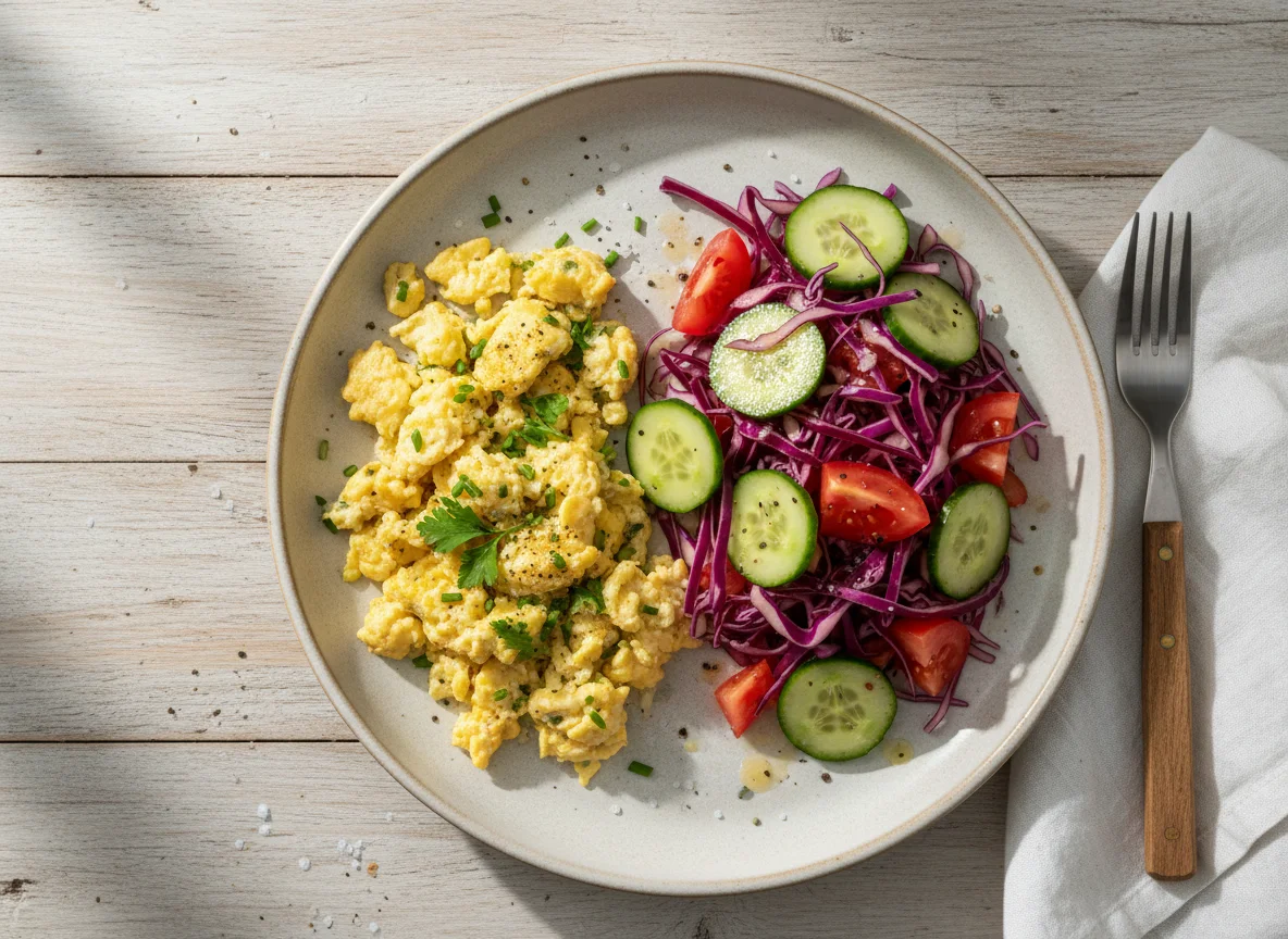 Ovos mexidos com salada de repolho roxo, tomate e pepino photo