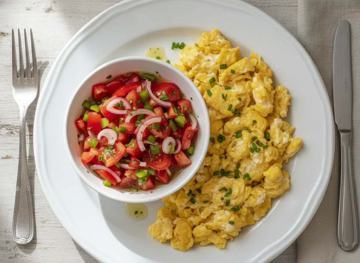 Ovos mexidos com salada de tomate photo