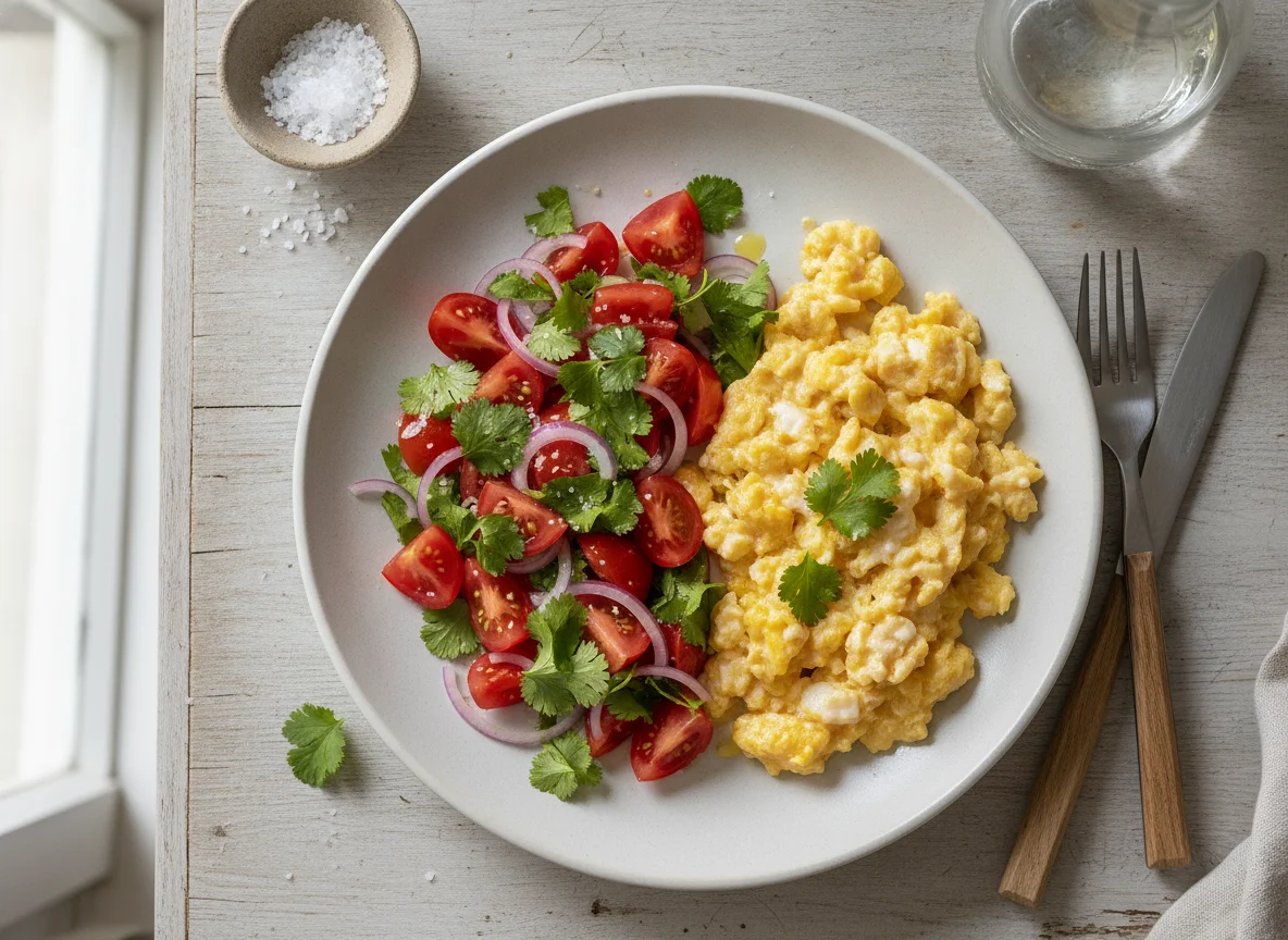Ovos mexidos com salada de tomate e coentro photo