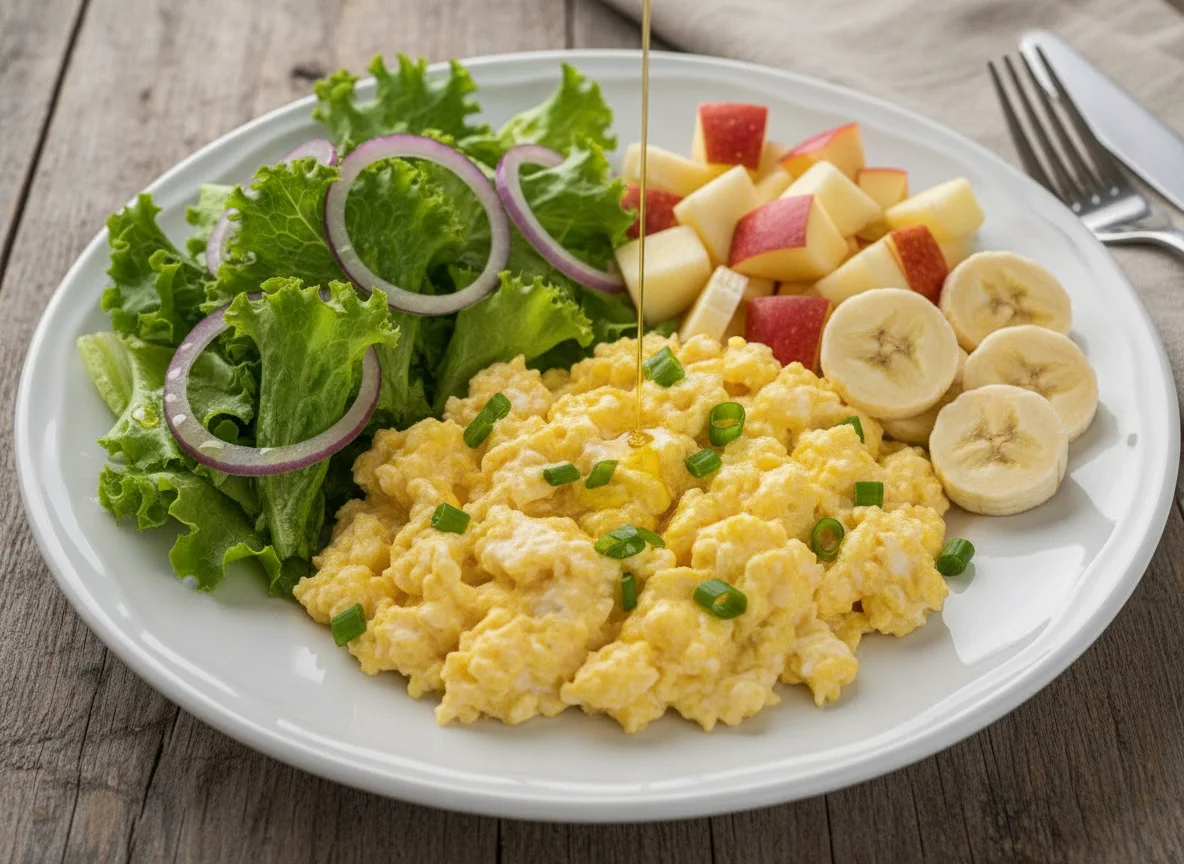Ovos mexidos com salada e fruta photo