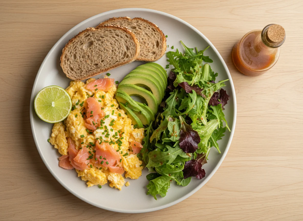 Ovos mexidos com salmão fumado, abacate e salada photo