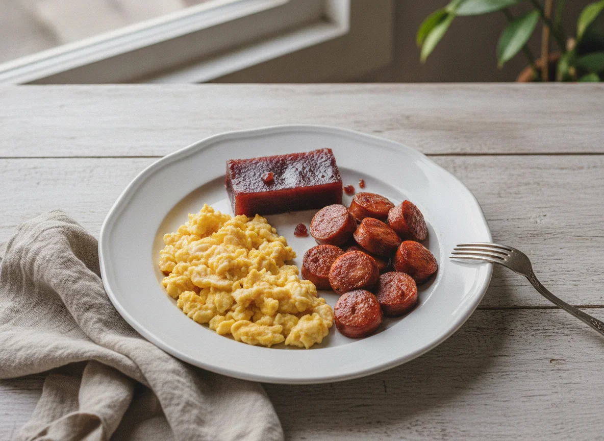 Ovos mexidos com salsicha e goiabada photo