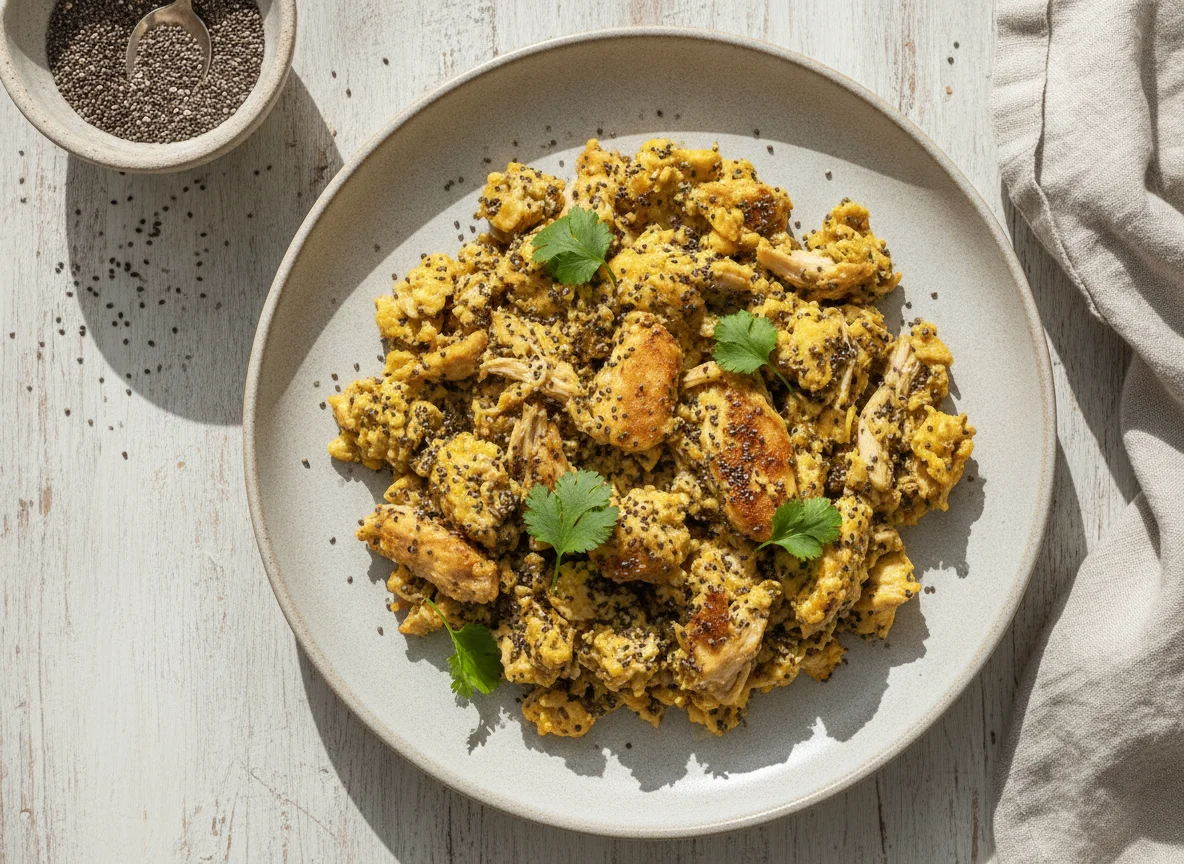 Ovos mexidos com sementes de chia e frango photo
