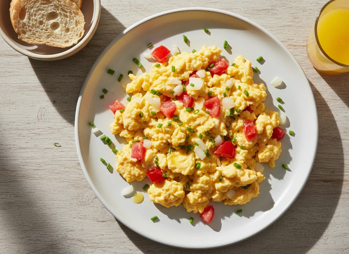 Ovos mexidos com tomate, cebola e cebolinha photo