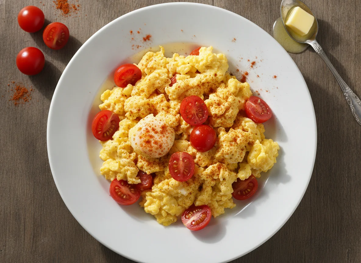 Ovos mexidos com tomate cereja e páprica photo