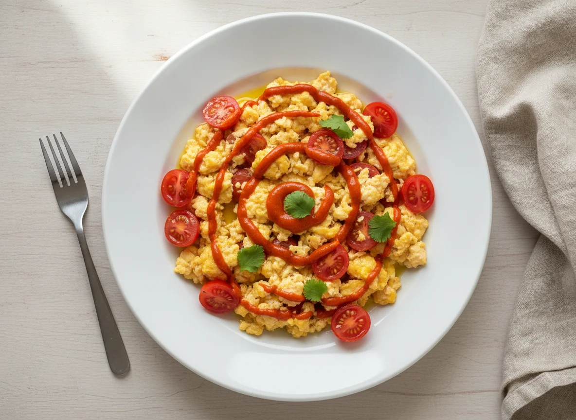 Ovos mexidos com tomate cherry e molho picante photo