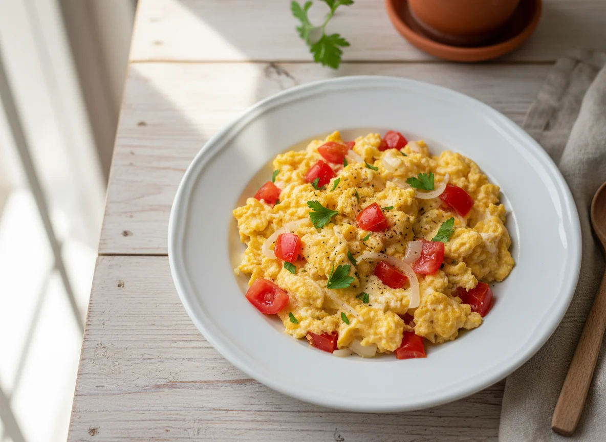 Ovos mexidos com tomate e cebola photo