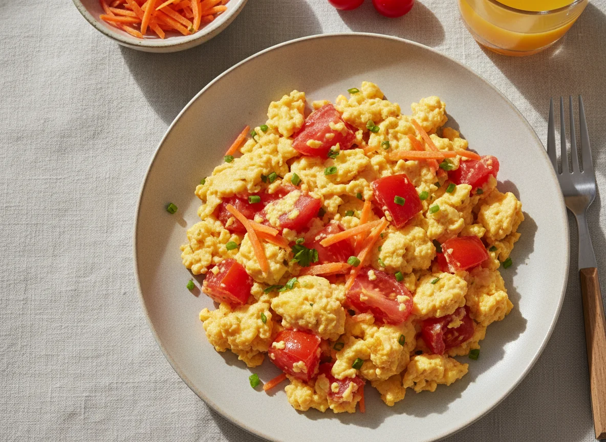 Ovos mexidos com tomate e cenoura photo