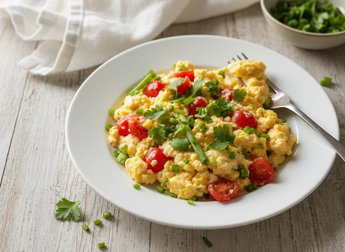 Ovos mexidos com tomate e cheiro-verde photo