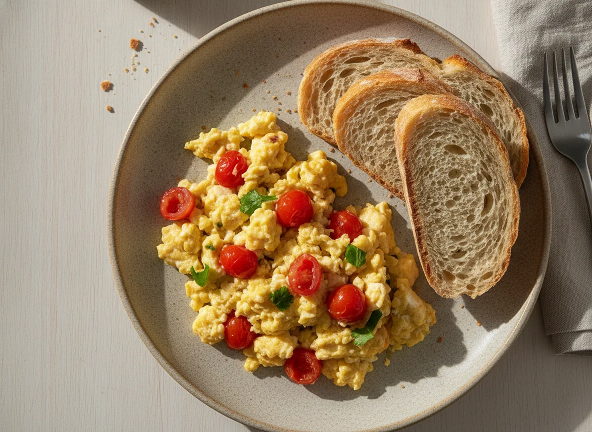 Ovos mexidos com tomate e pão photo